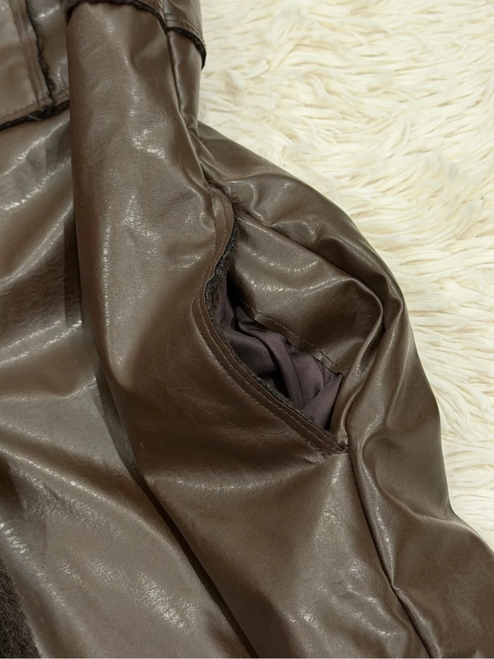 Outer Edge Y2K Brown Faux Leather Faux Fur Trim Trench Coat Large Jacket Grunge